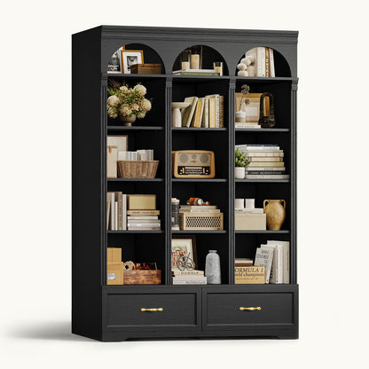 73.3" H Triple Wide Bookshelf with 2 Drawers with Storage Black