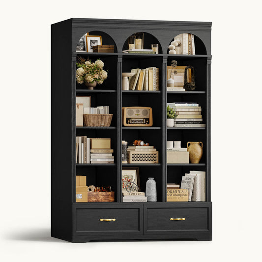 73.3" H Triple Wide Bookshelf with 2 Drawers with Storage Black