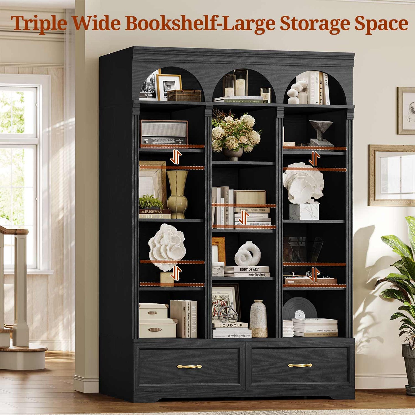73.3" H Triple Wide Bookshelf with 2 Drawers with Storage Black
