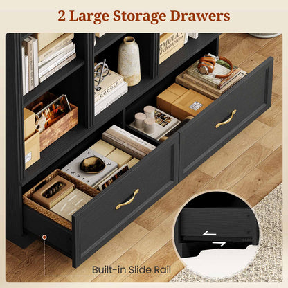 73.3" H Triple Wide Bookshelf with 2 Drawers with Storage Black