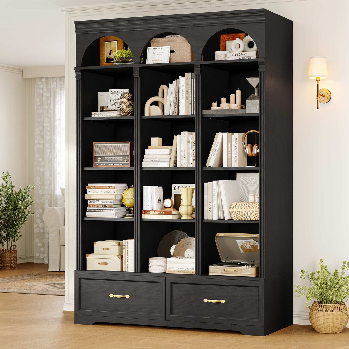 73.3" H Triple Wide Bookshelf with 2 Drawers with Storage Black