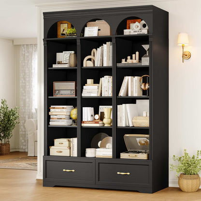 73.3" H Triple Wide Bookshelf with 2 Drawers with Storage Black