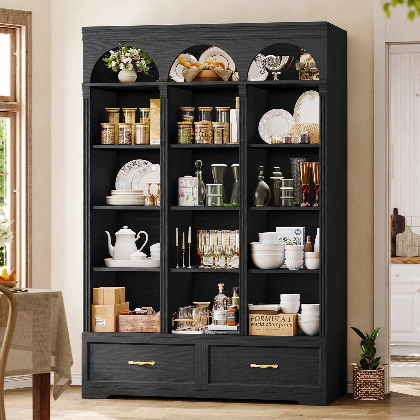73.3" H Triple Wide Bookshelf with 2 Drawers with Storage Black