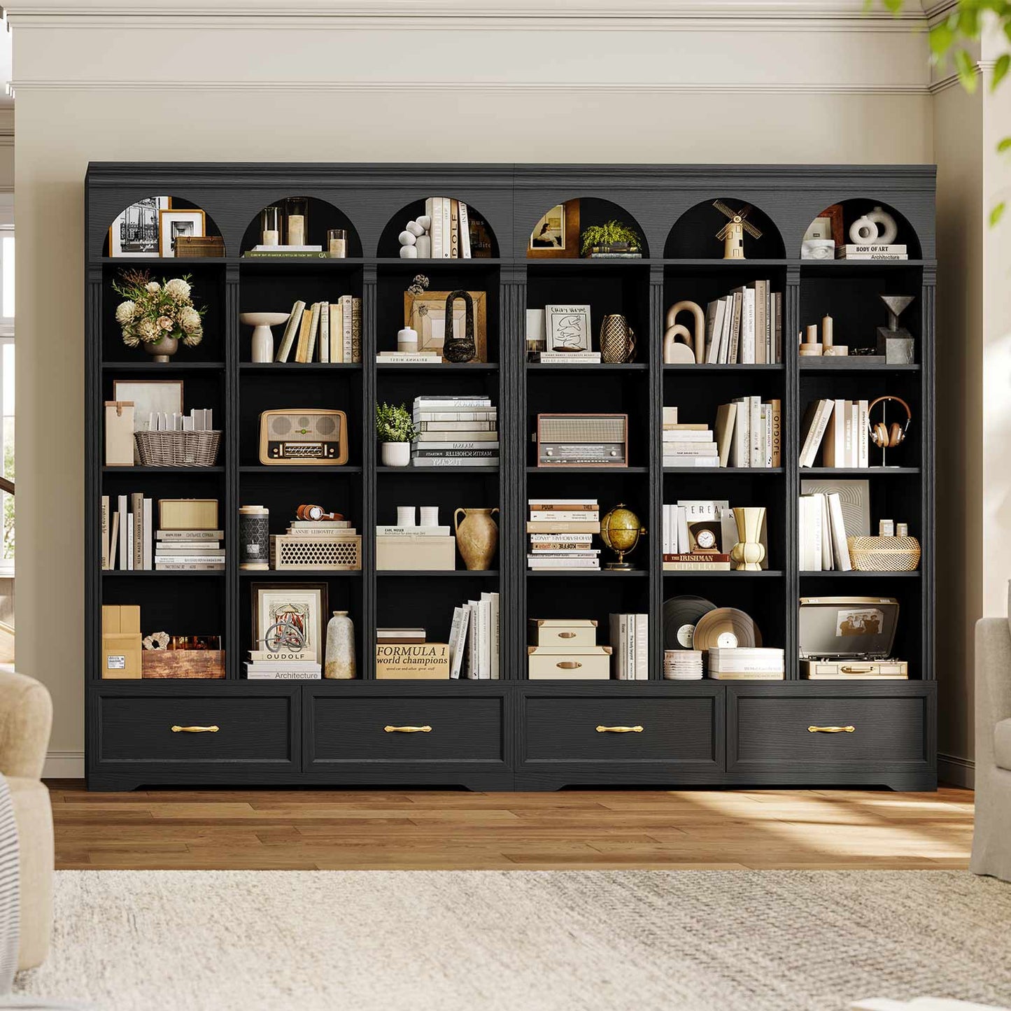 73.3" H Triple Wide Bookshelf with 2 Drawers with Storage Black