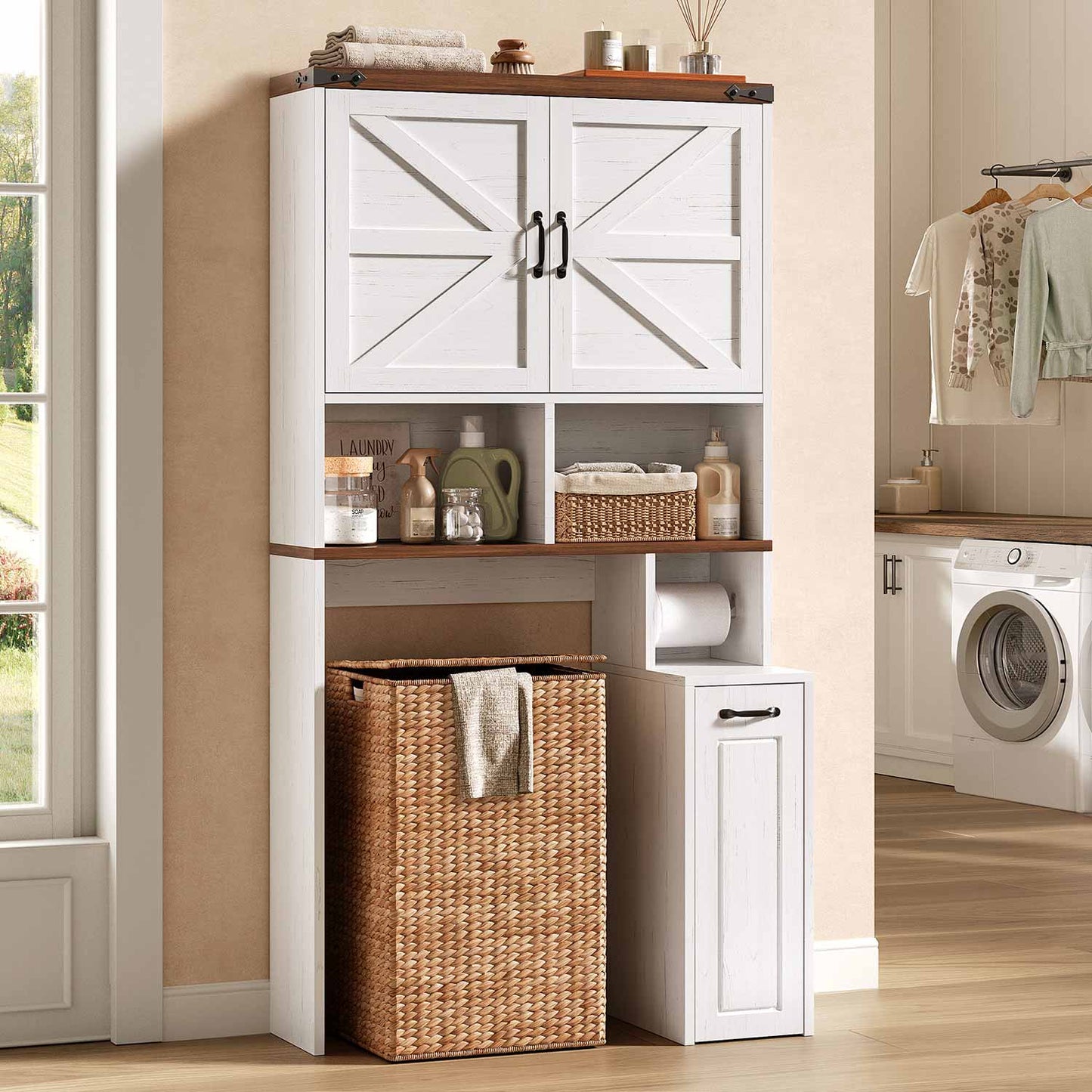 Farmhouse Over The Toilet Storage Cabinet with Pulley White