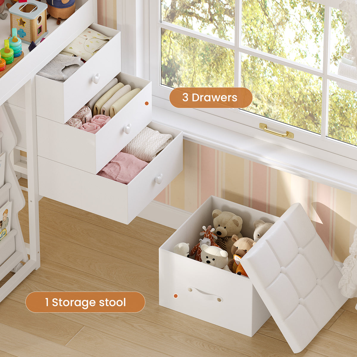 Twin Loft Bed with RGB Lights and Storage Drawers White