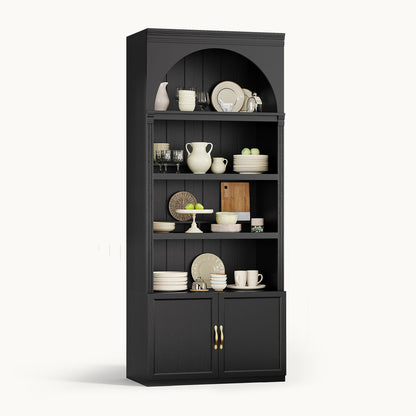 81.2"Tall Arched Cabinet 2 Book Risers and Adjustable Shelves Black