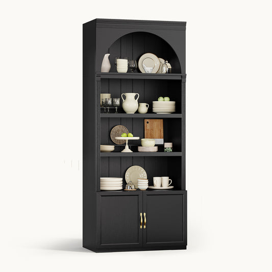 81.2"Tall Arched Cabinet 2 Book Risers and Adjustable Shelves Black