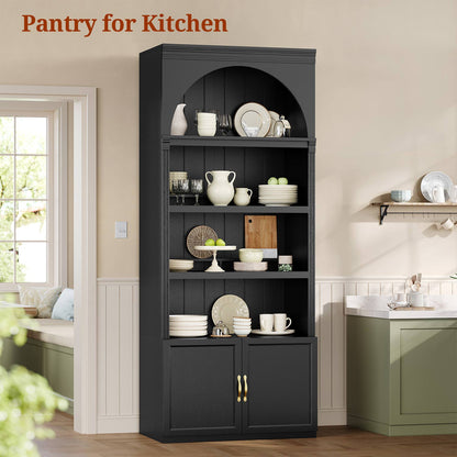 81.2"Tall Arched Cabinet 2 Book Risers and Adjustable Shelves Black