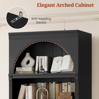 81.2"Tall Arched Cabinet 2 Book Risers and Adjustable Shelves Black