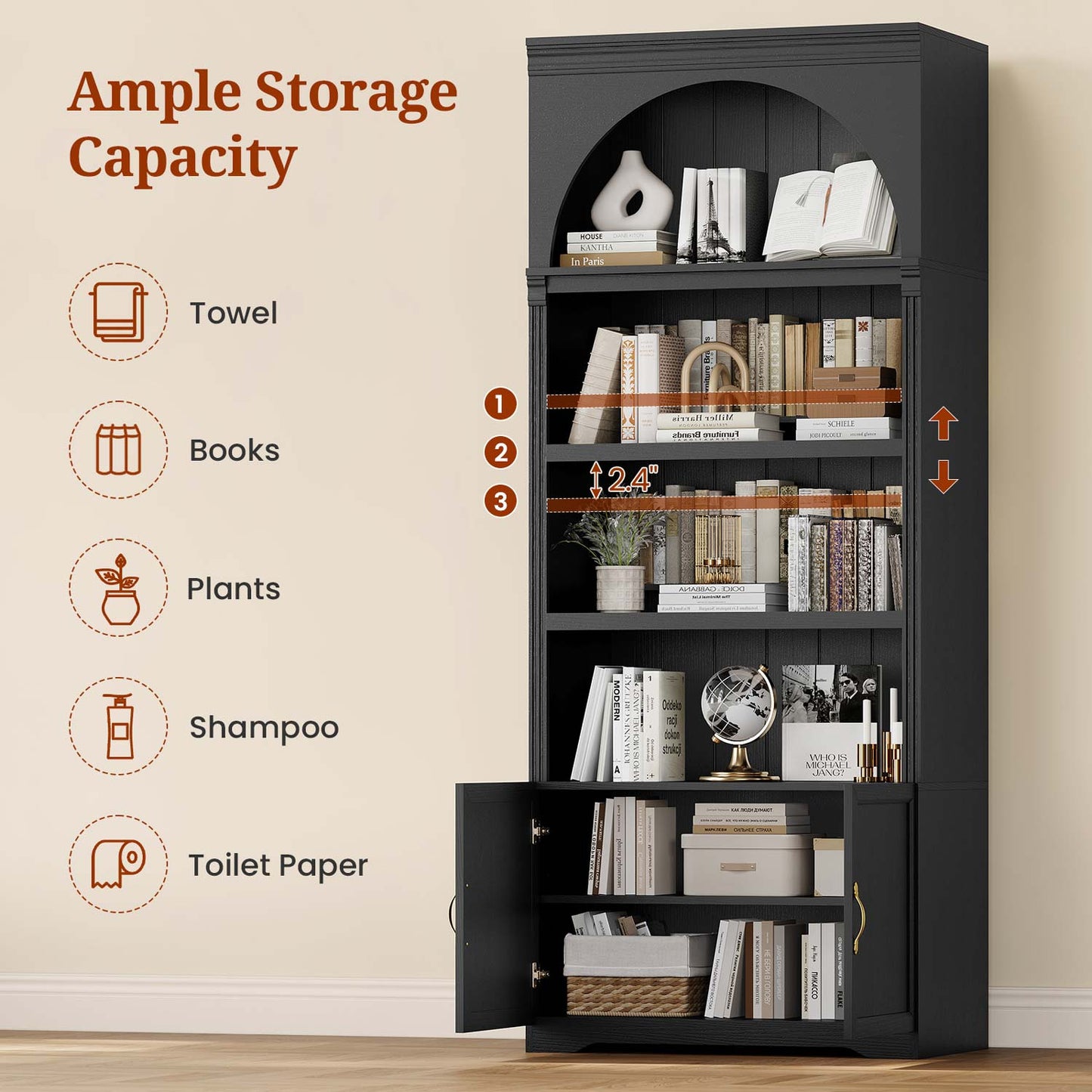 81.2"Tall Arched Cabinet 2 Book Risers and Adjustable Shelves Black