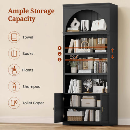 81.2"Tall Arched Cabinet 2 Book Risers and Adjustable Shelves Black