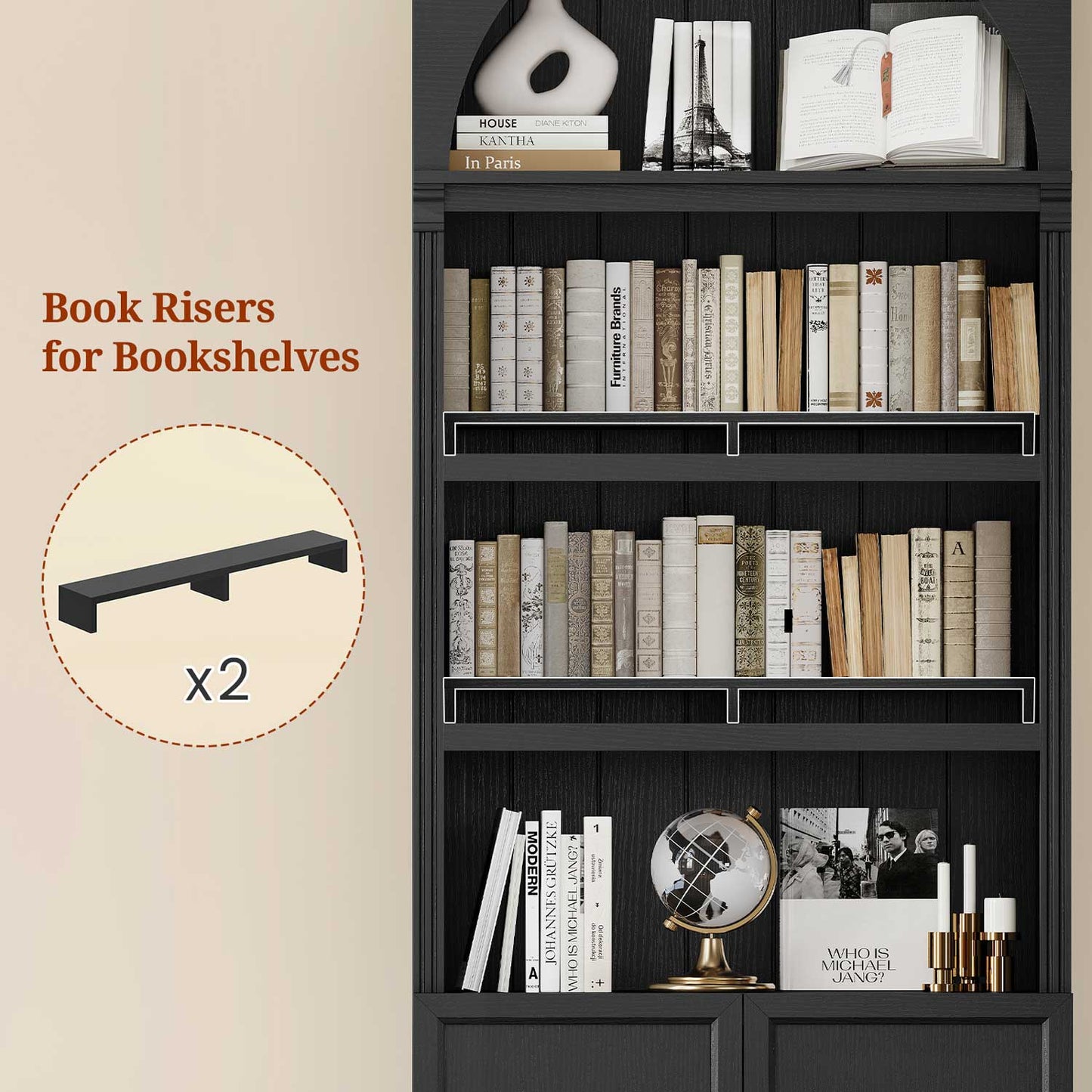 81.2"Tall Arched Cabinet 2 Book Risers and Adjustable Shelves Black