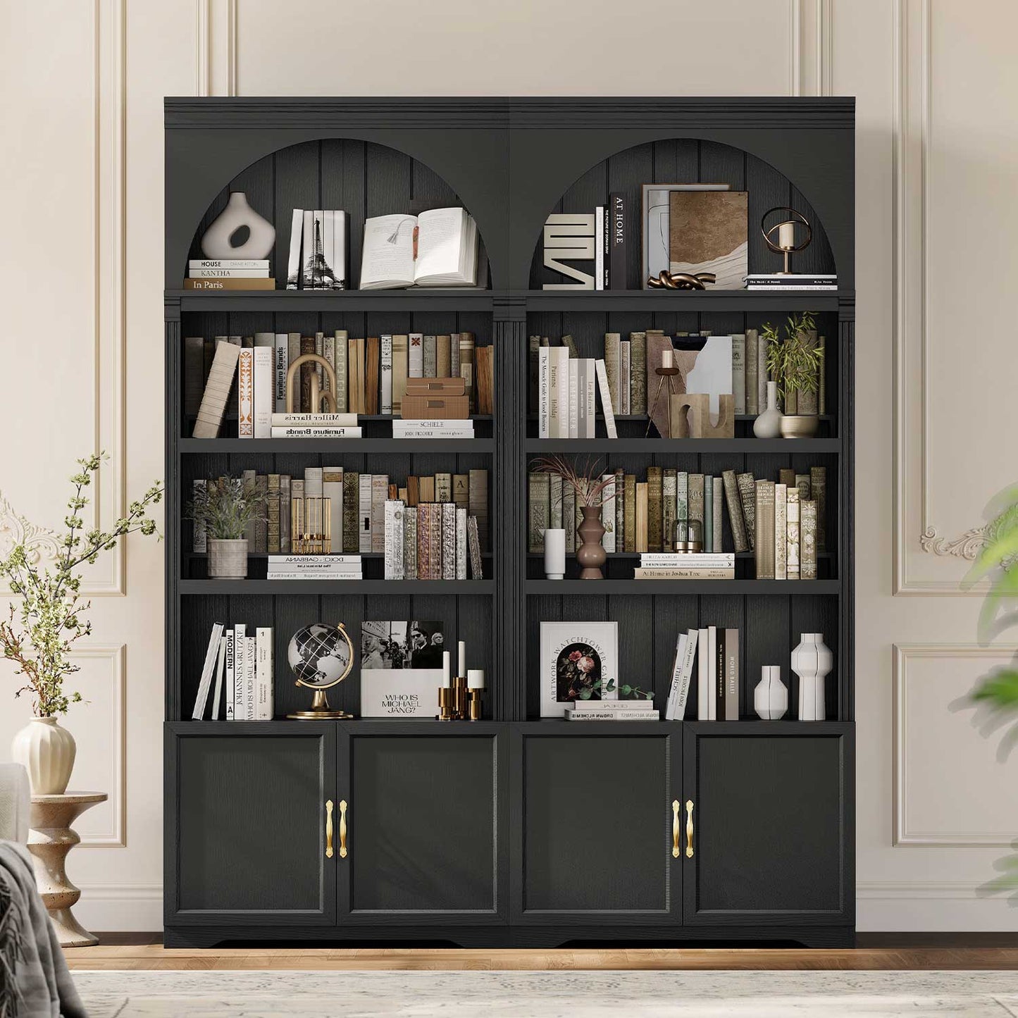 81.2"Tall Arched Cabinet 2 Book Risers and Adjustable Shelves Black