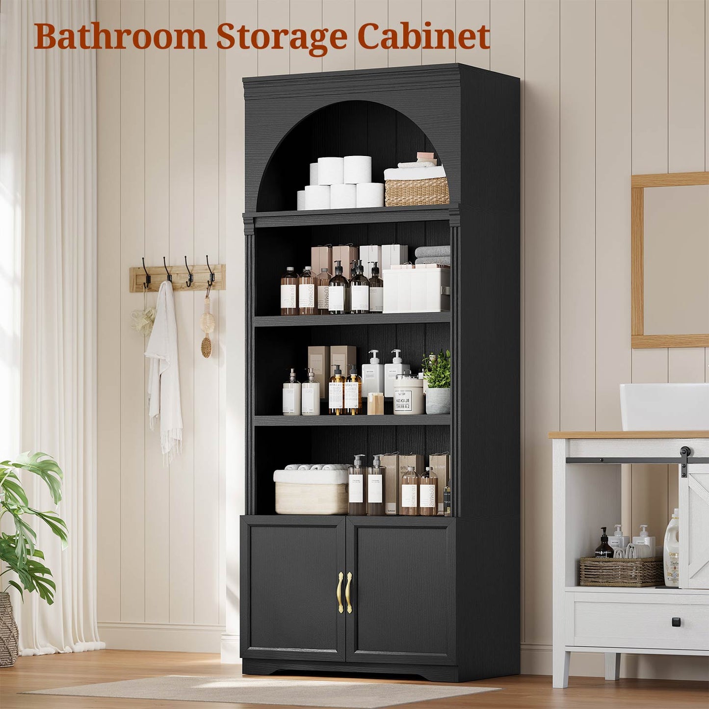 81.2"Tall Arched Cabinet 2 Book Risers and Adjustable Shelves Black