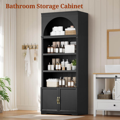 81.2"Tall Arched Cabinet 2 Book Risers and Adjustable Shelves Black