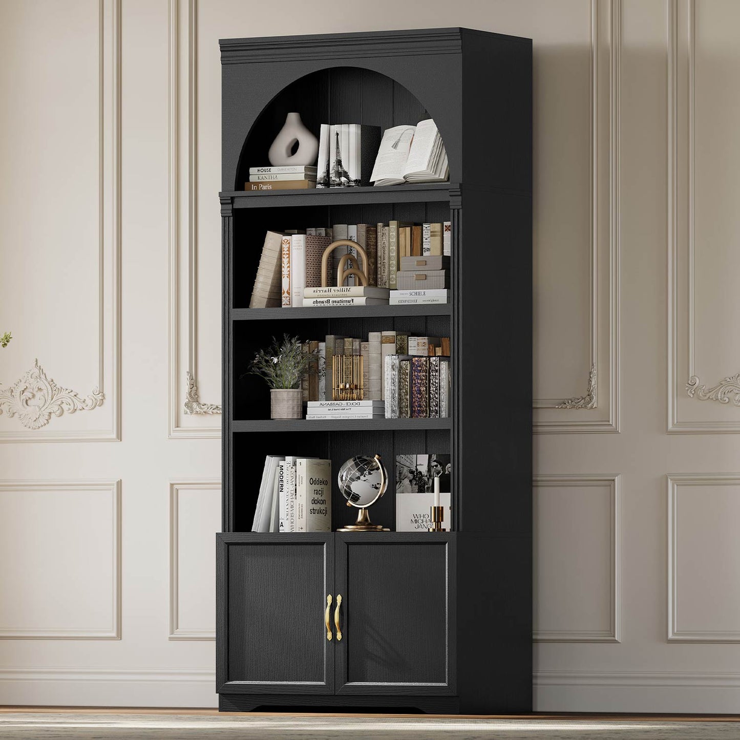 81.2"Tall Arched Cabinet 2 Book Risers and Adjustable Shelves Black