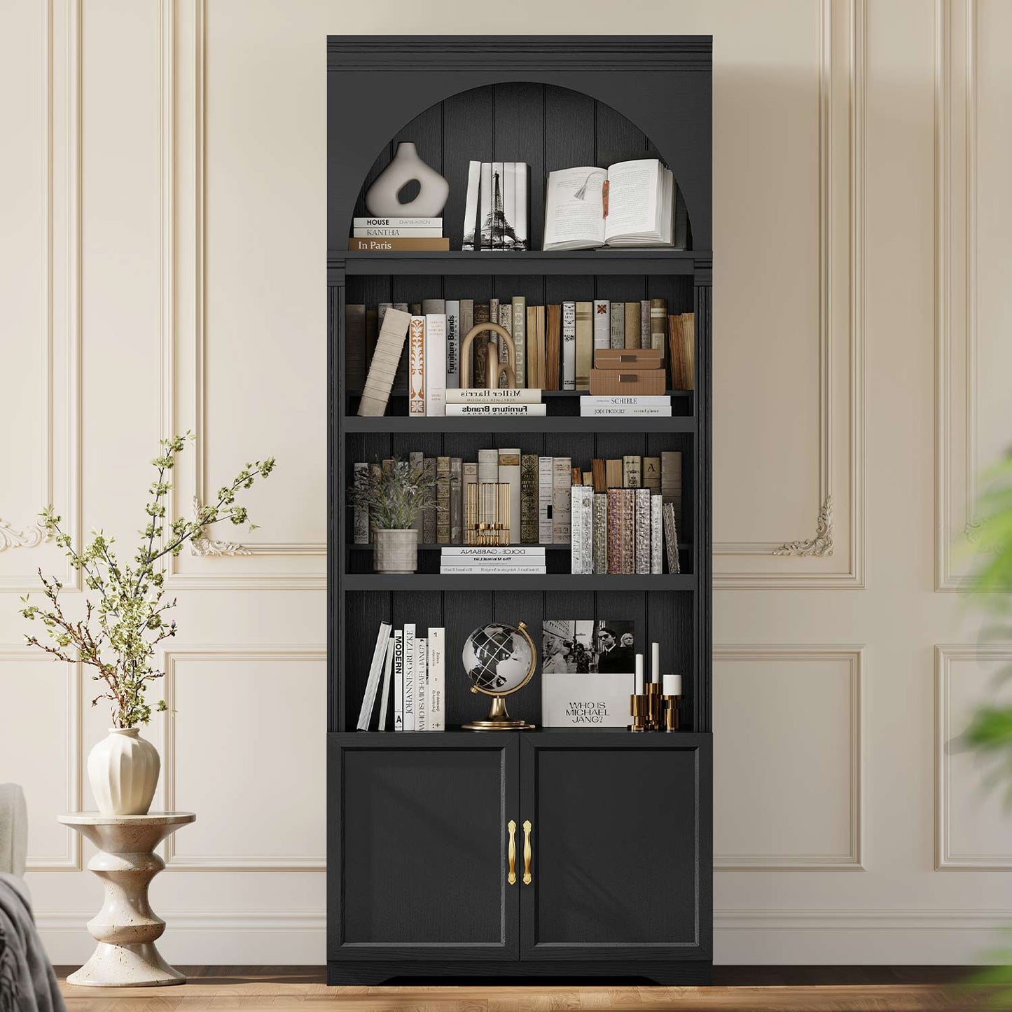 81.2"Tall Arched Cabinet 2 Book Risers and Adjustable Shelves Black