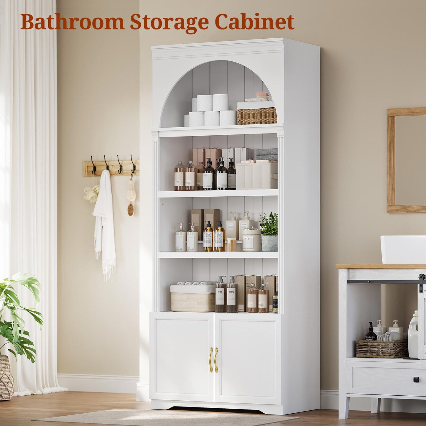 81.2"Tall Arched Storage Cabinet with Adjustable Shelves White