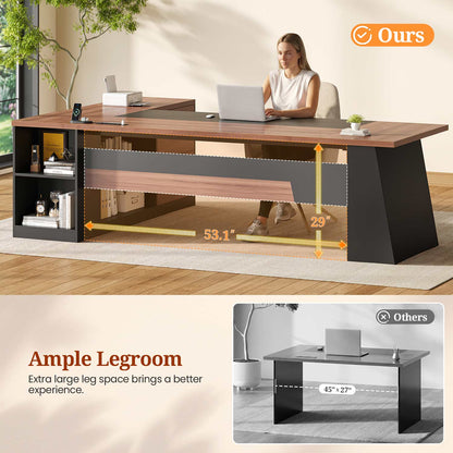 78.7 Inch L Shaped Executive Desk with Power Outlets and Storage Walnut