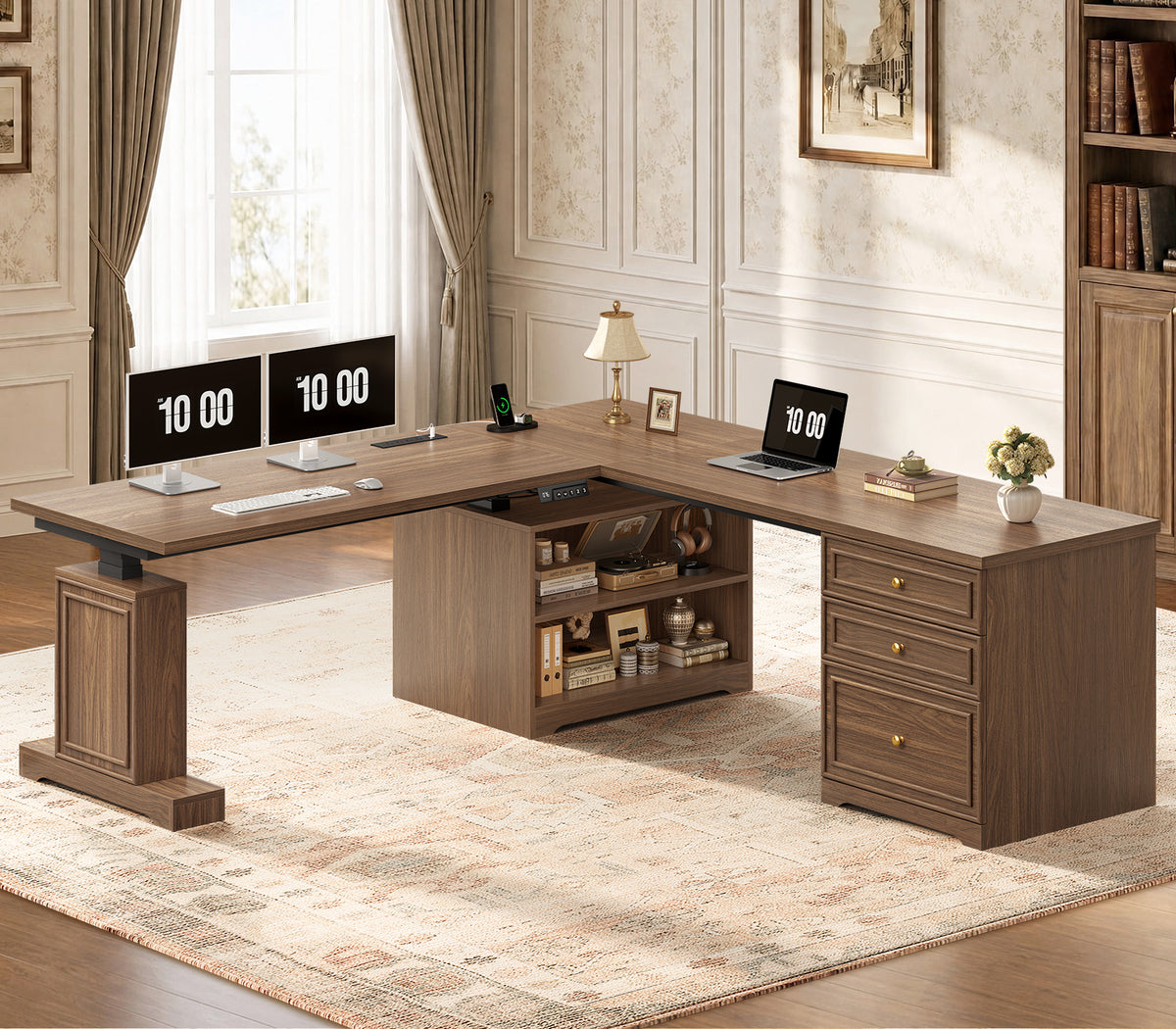 67"x 67" L Shaped Standing Desk with 3 Drawers & Storage Shelves Walnut