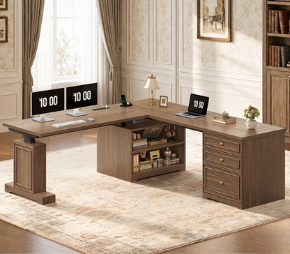 67"x 67" L Shaped Standing Desk with 3 Drawers & Storage Shelves Walnut