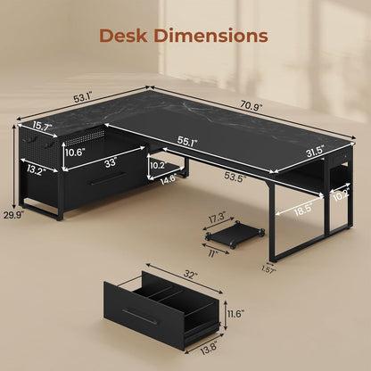 71 in Reversible L Shaped Executive Desk Black