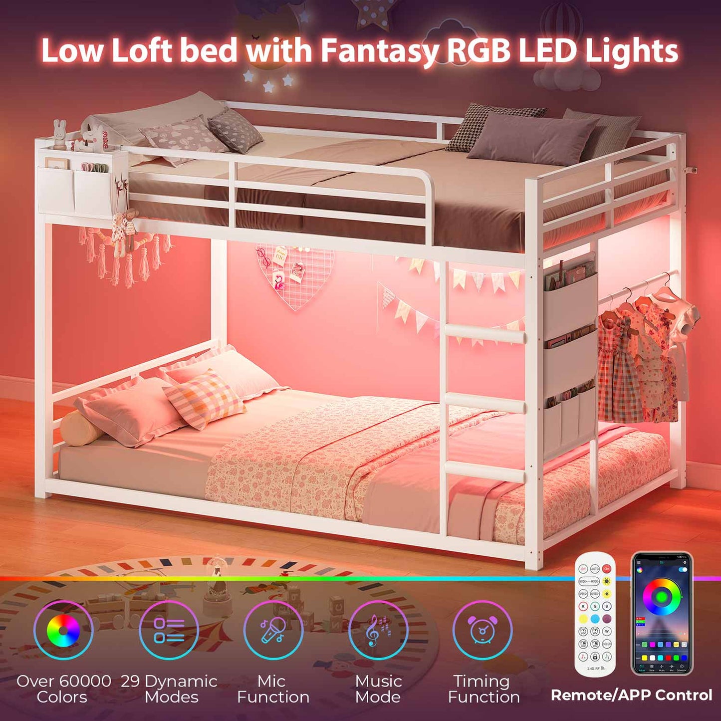 Bunk Bed Twin Over Twin Bed Frame with LED Lights White