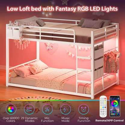 Bunk Bed Twin Over Twin Bed Frame with LED Lights White