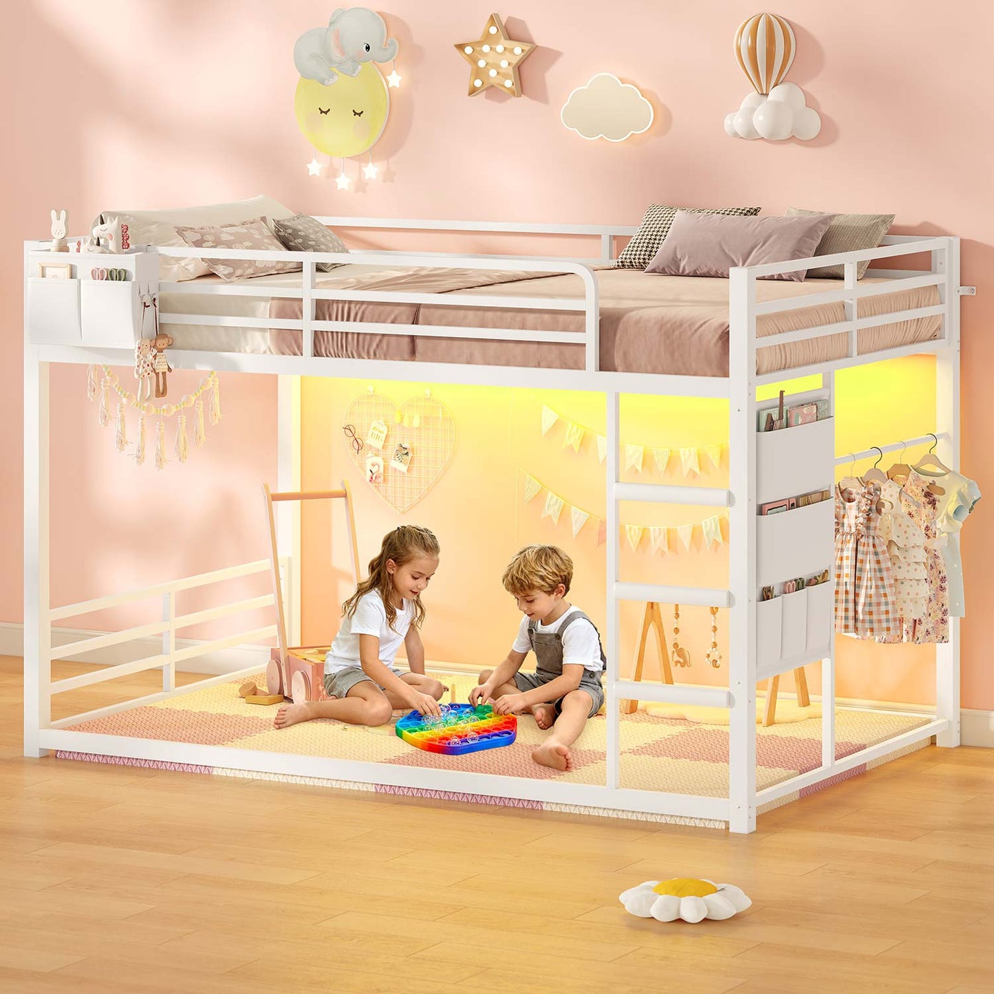 Bunk Bed Twin Over Twin Bed Frame with LED Lights White