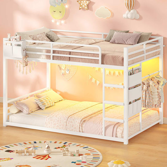 Bunk Bed Twin Over Twin Bed Frame with LED Lights White