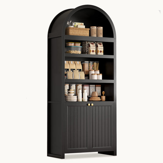 81 Inches Tall Arched 6-Tier Bookcase with Door Black