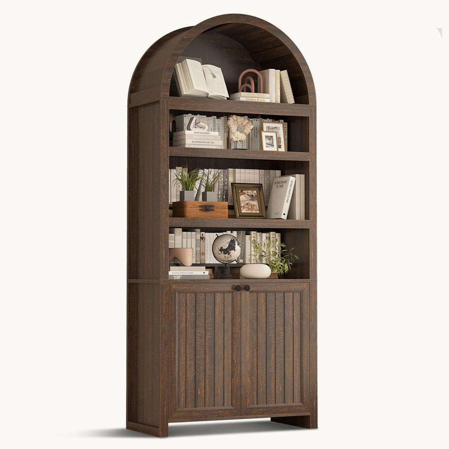 81 Inches Tall Arched 6-Tier Bookcase with Door Walnut Brown