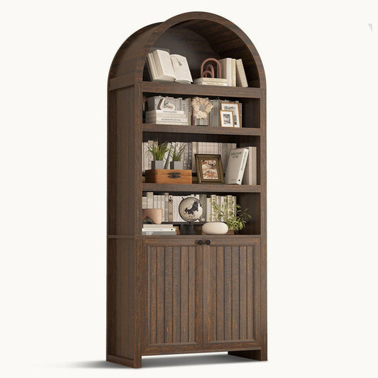 81 Inches Tall Arched 6-Tier Bookcase with Door Walnut Brown