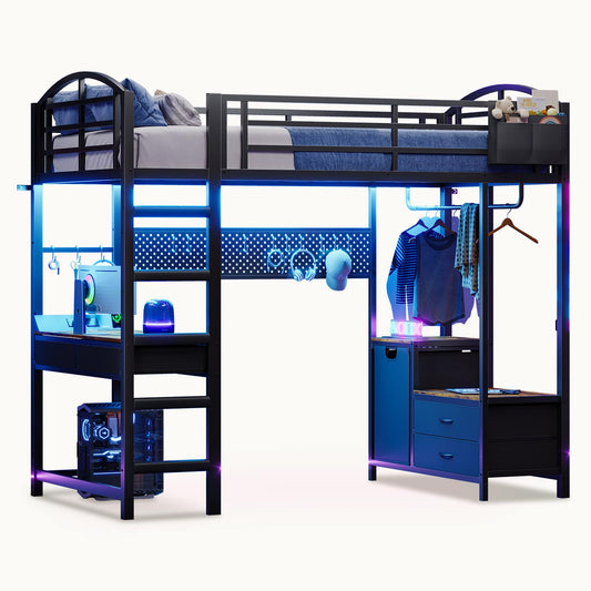 Twin Size LED Loft Bed Frame Black