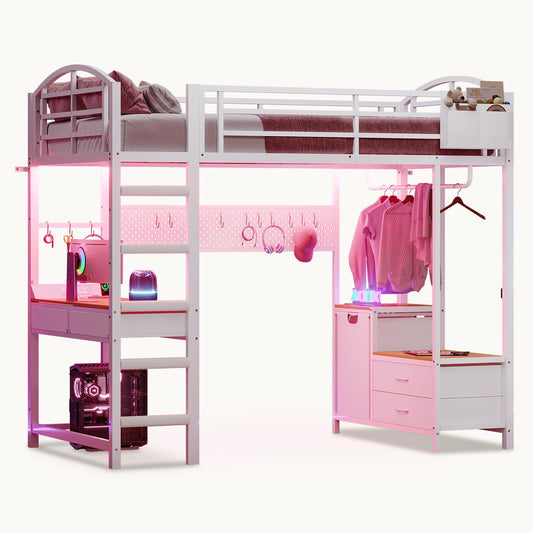 Twin Size LED Loft Bed Frame White