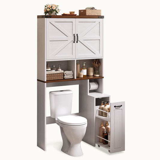 Farmhouse Over The Toilet Storage Cabinet with Pulley White