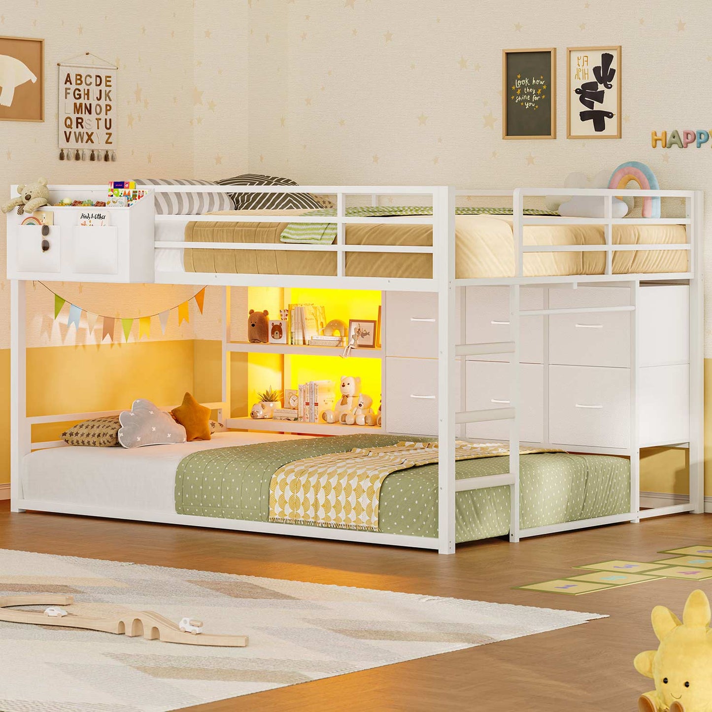 Full Over Twin Bunk Bed with LED Lights and 6 Drawers White