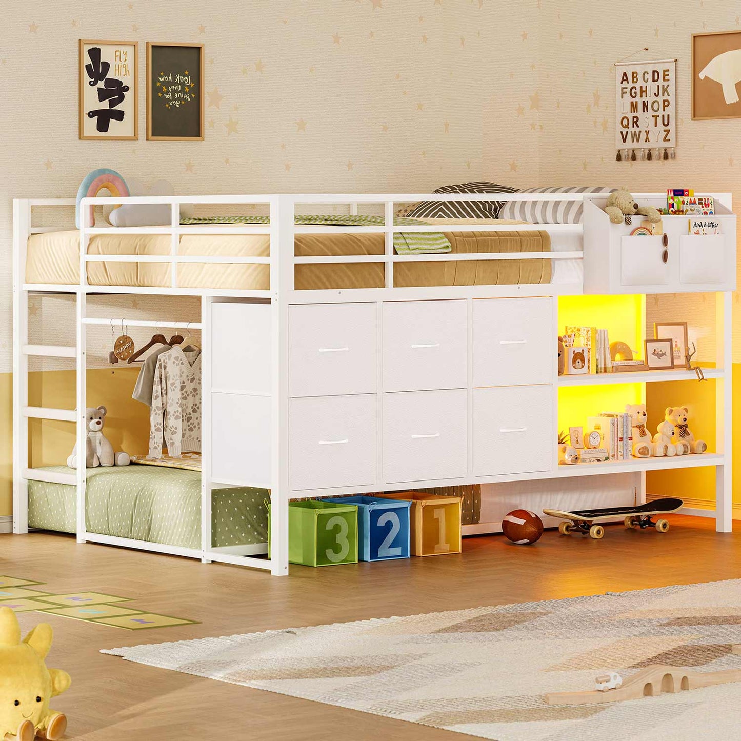 Full Over Twin Bunk Bed with LED Lights and 6 Drawers White