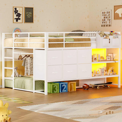 Full Over Twin Bunk Bed with LED Lights and 6 Drawers White