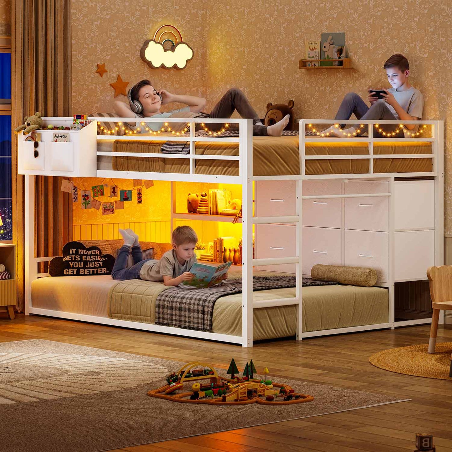 Full Over Twin Bunk Bed with LED Lights and 6 Drawers White