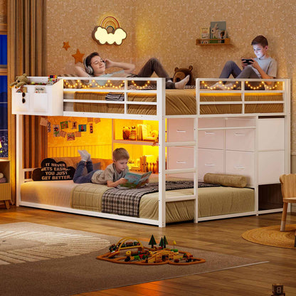 Full Over Twin Bunk Bed with LED Lights and 6 Drawers White