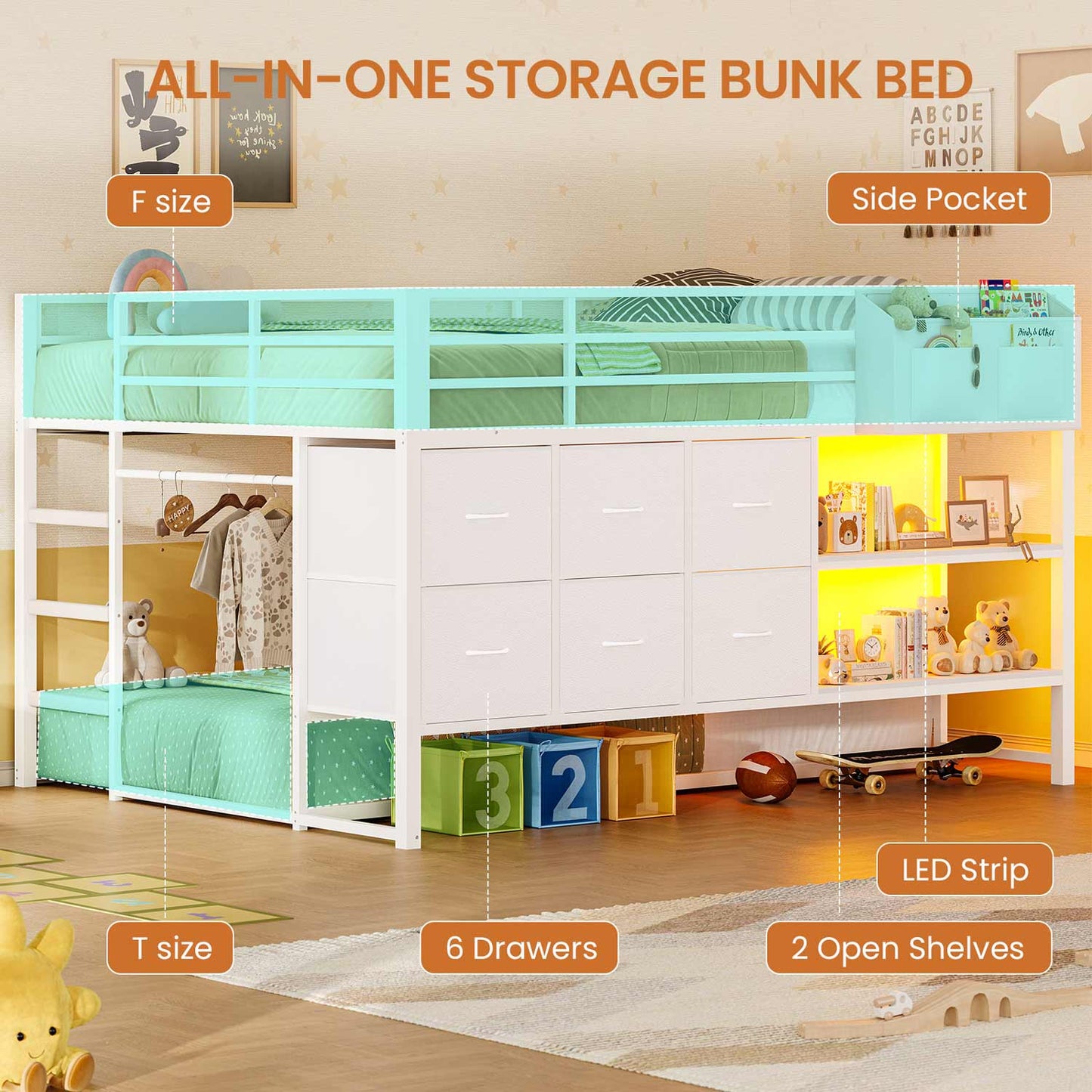 Full Over Twin Bunk Bed with LED Lights and 6 Drawers White