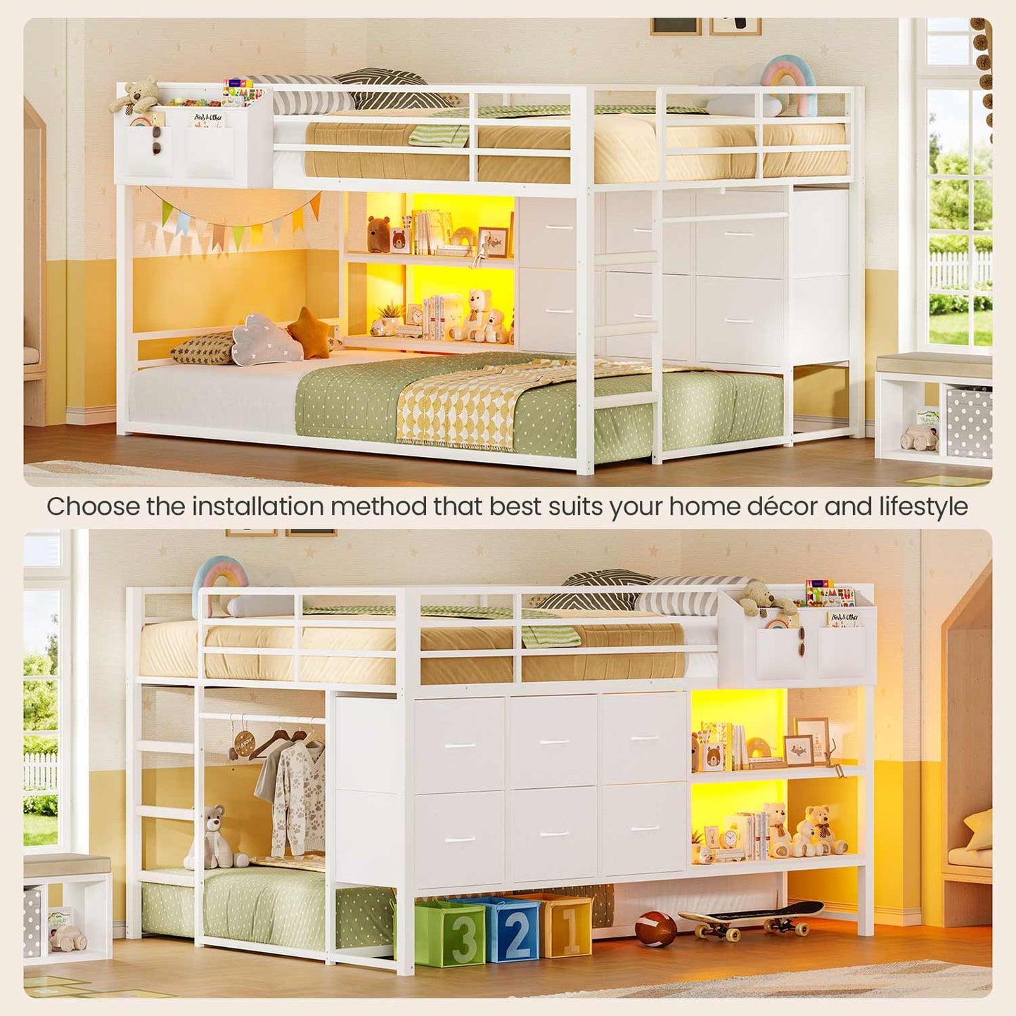 Full Over Twin Bunk Bed with LED Lights and 6 Drawers White