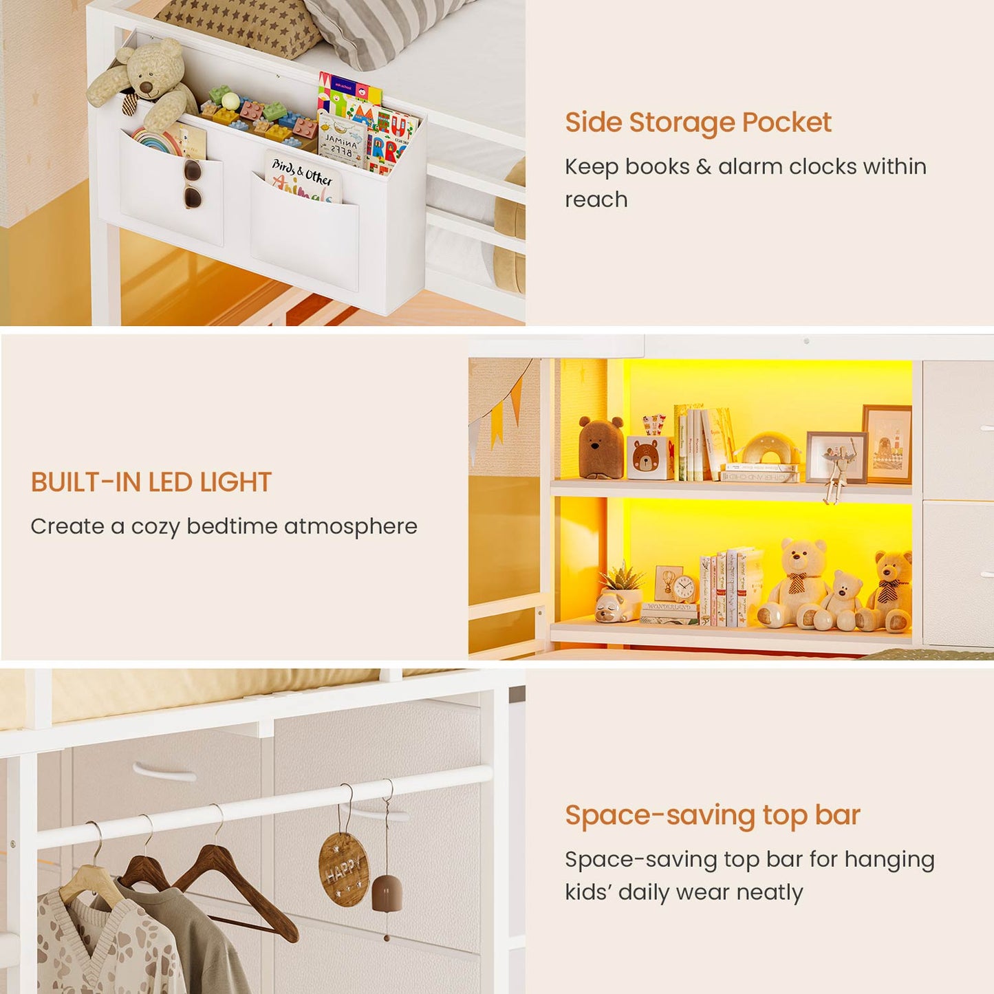 Full Over Twin Bunk Bed with LED Lights and 6 Drawers White