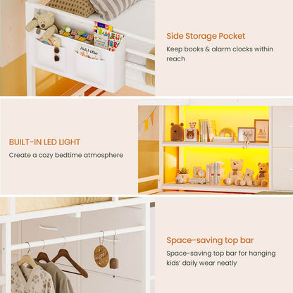 Full Over Twin Bunk Bed with LED Lights and 6 Drawers White