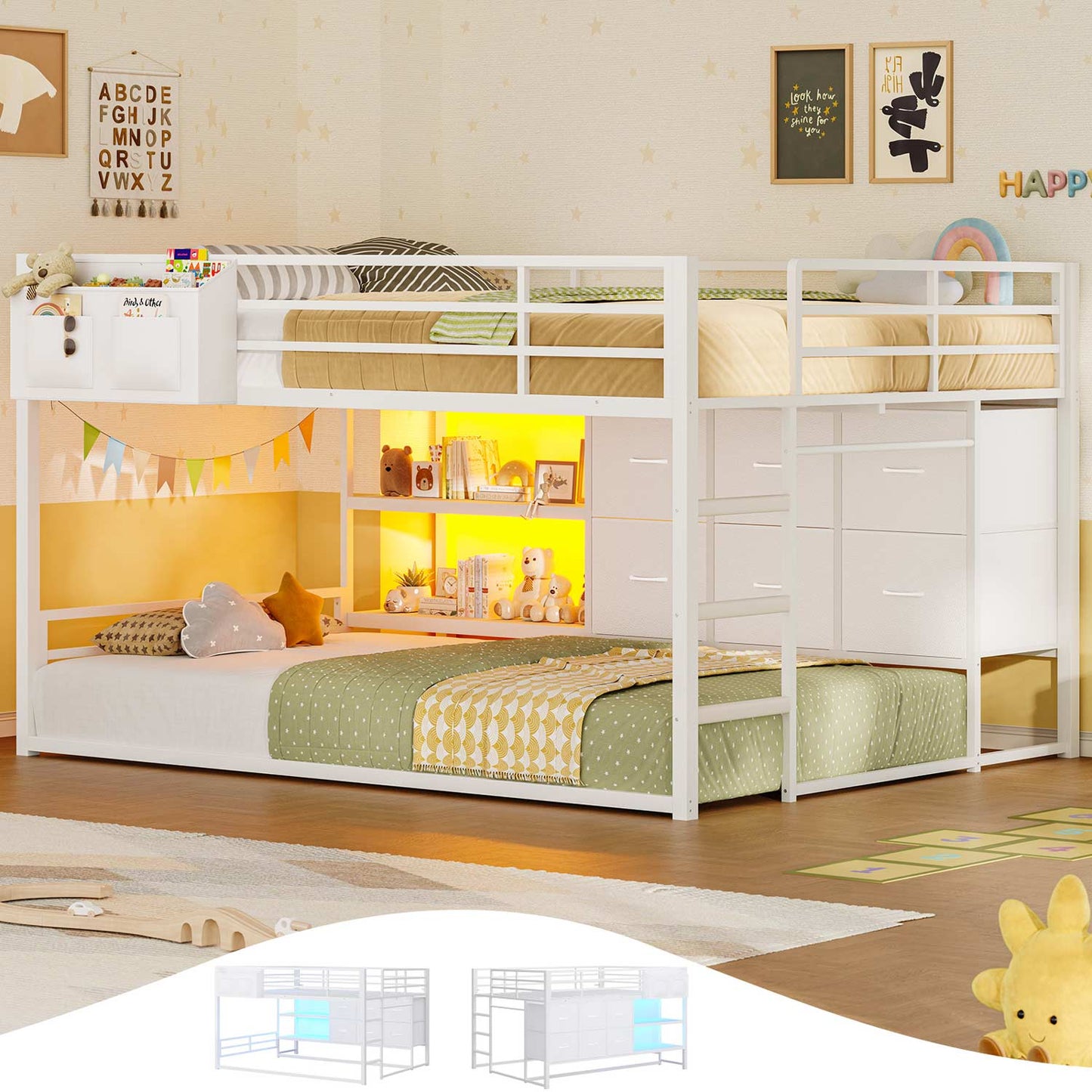 Full Over Twin Bunk Bed with LED Lights and 6 Drawers White