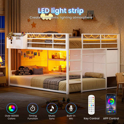 Full Over Twin Bunk Bed with LED Lights and 6 Drawers White