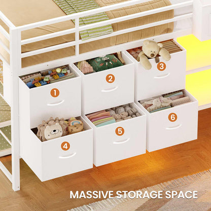 Full Over Twin Bunk Bed with LED Lights and 6 Drawers White