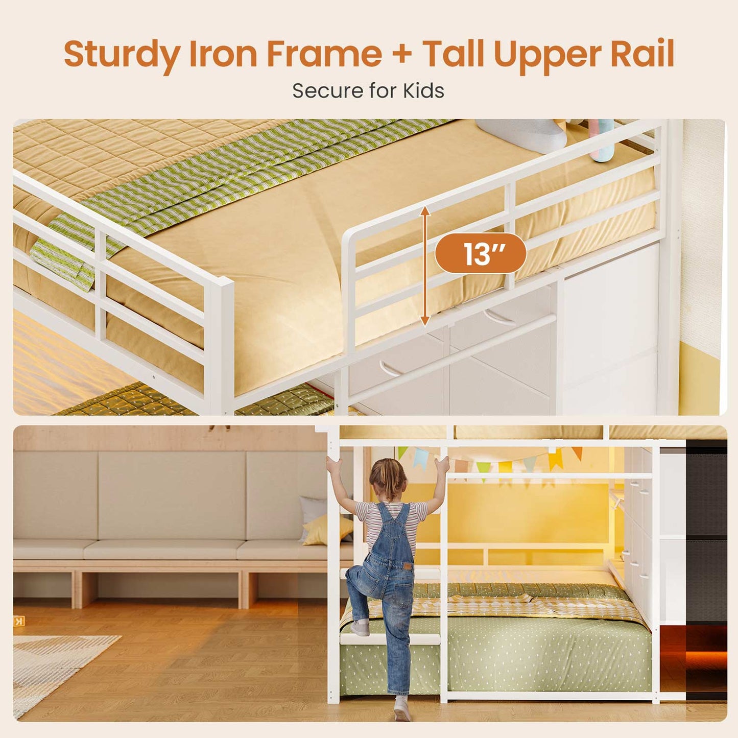 Full Over Twin Bunk Bed with LED Lights and 6 Drawers White